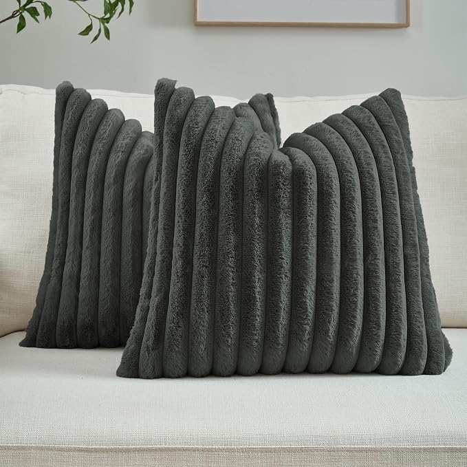 FUTEI Pack of 2 Faux Fur Throw Pillow Covers 24x24 Inch, Dark Grey | Fluffy Faux Rabbit Fur Front/Premium Velvet Back,Hidden Zipper,Machine Washable,Non-Shedding,Colorfast,Insert Not Included.