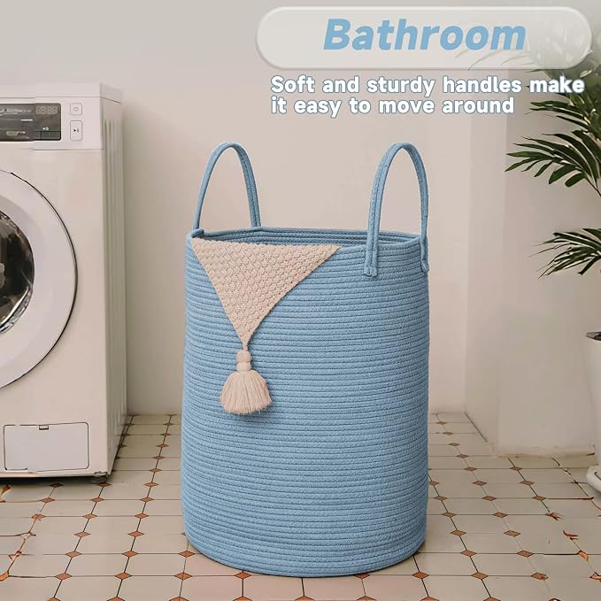 JMvicyroam 100L Cotton Rope Laundry Basket Hamper, Blue | Collapsible laundry basket, reinforced handles, freestanding, machine washable, holds 3-5 thick blankets, clothes or toys
