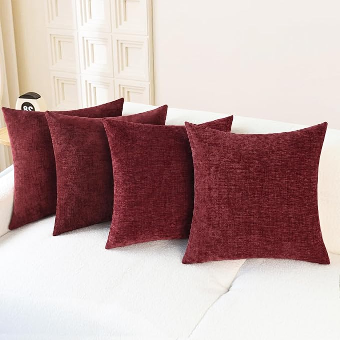 CaliTime Decorative Couch Throw Pillow Covers 18 X 18 Inches Burgundy | Pack of 4, Cozy Chenille Cushion Cases for Sofa Bed Living Room Farmhouse Home