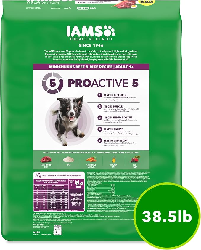 IAMS Proactive Health Adult Minichunks Dry Dog Food, Beef & Rice, 38.5 lb | Real beef #1 ingredient, no fillers or artificial flavors, glucosamine & chondroitin, supports bones, joints & muscles
