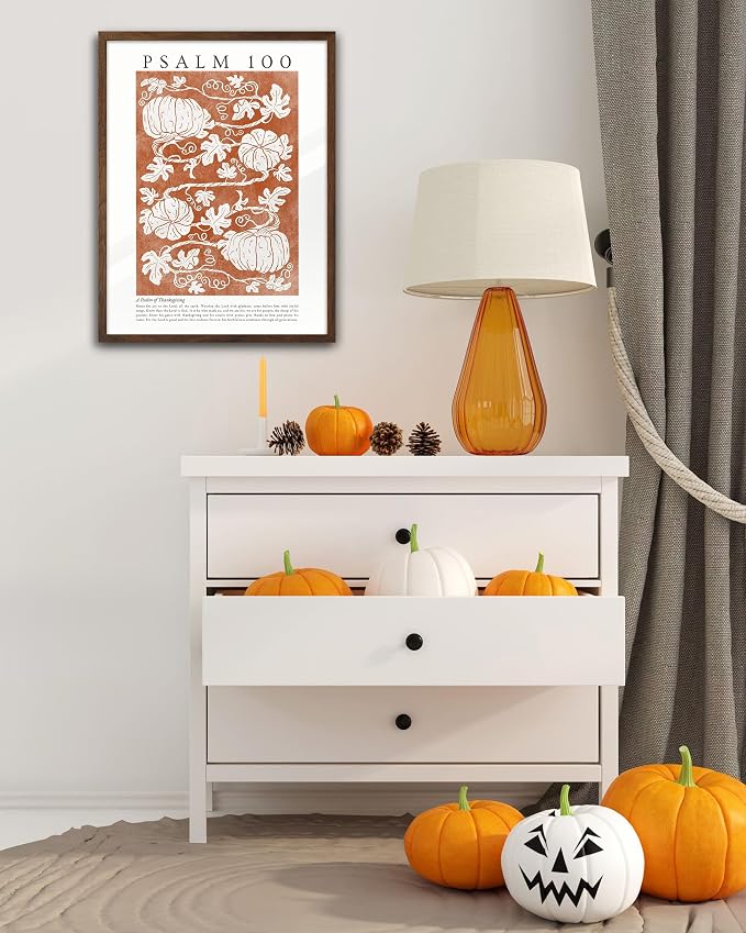 EcoHest 12x16in Psalm 100 Pumpkin Thanksgiving Botanical Christian Wall Art | Walnut Color Solid Oak Frame Canvas Wall Art, Fall Scripture Bible Verse Decor for Bedroom, Living Room, Office, Church,1Pack