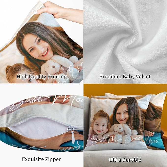 Easycosy Custom Velvet Pillow with Picture & Text, Two-Sides Customized Photo Pillowcase, 18"x18" Personalized Pillow Cover with Photo, Custom Gifts for Mom Mother's Day (Optional Pillow Insert)