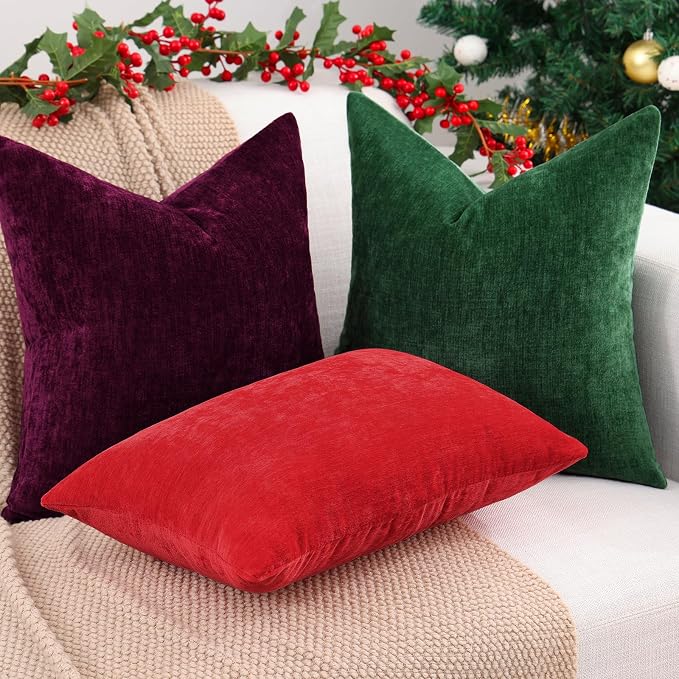 decorUhome Soft Chenille Christmas Green Throw Pillow Covers 12X20 Set of 2 | Decorative Fall Couch Pillow Covers Solid Dyed Accent Modern Farmhouse Neutral Rectangle Pillow Cases for Sofa
