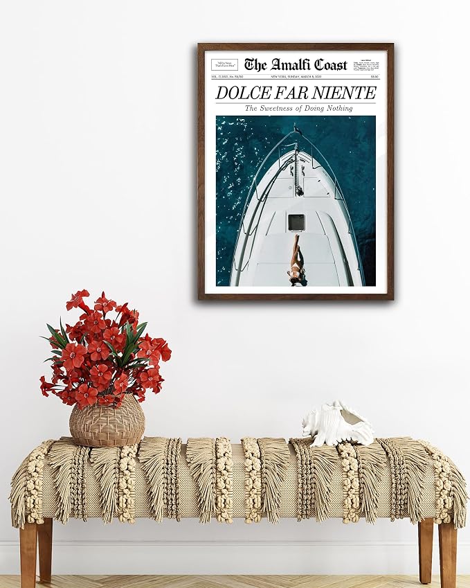 EcoHest 12x16 in Dolce Far Niente Newspaper Framed Wall Art | Walnut Color Solid Oak Frame, Canvas Wall Art, Italian Summer Newspaper Decor for Living Room, Bedroom, Apartment, Dorm,1Pack