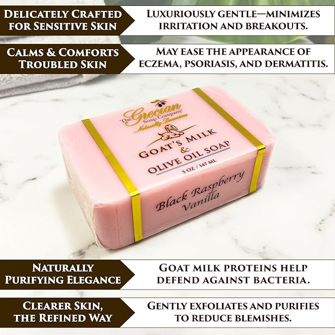 The Grecian Soap Company Goat Milk & Olive Oil Soap Bar 3-Pack – Black Raspberry Vanilla Scent, Natural Bar Soap for Dry & Sensitive Skin, Moisturizing & Nourishing Body Soap Bars, Made in USA