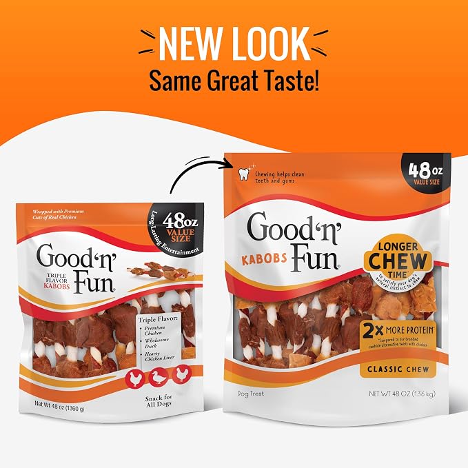 Good 'n' Fun Kabobs Long-Lasting Dog Treat Made With Real Protein, 48 oz | Premium Chicken, Pork and Beef Hide Chew, Supports Dental Health and Mental Stimulation, For Adult Dogs