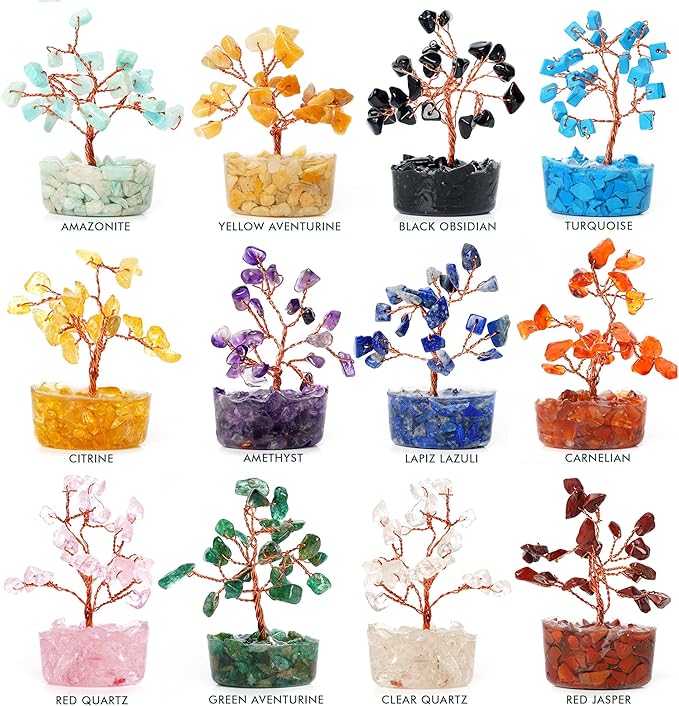 Crystal Tree Set of 12 Unique Birthday Gifts for Women, Sister, Mom & Dad, Home Office Decor for Positive Energy, Bring Good Luck, Money, Reiki Healing Stone Chakra Tree of Life Return Gift Sets