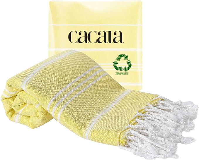 Cacala 100% Turkish Cotton Kitchen Tea Towels, Highly Absorbent Luxury Soft Quick Drying Dish Towel with Hanging Loop for Gym, Yoga, Bath, Sports, Cleaning and Kitchen (23 x 36), Light Yellow
