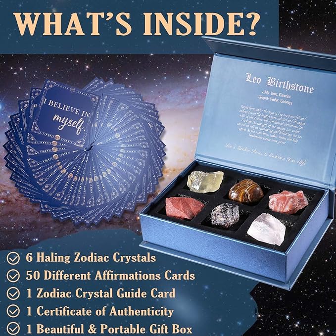 Faivykyd Leo Crystals Gift for Women, 6 Leo Zodiac Healing Stones w/ 50 Miracle Mantras Affirmation Cards, Spiritual Gifts for Positive Energy, Self-Care, Love & Wealth