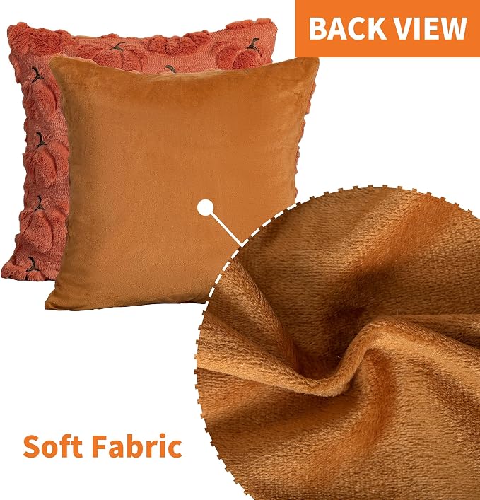 Fall Pumpkins Decorative Pillow Covers 18x18 Set of 2, Dark Rust Red Soft Plush Faux Fur Wool Farmhouse Throw Cushion Cases for Autumn Thanksgiving Holiday Home Decorations