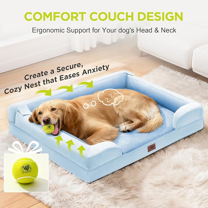 Waterproof Orthopedic Dog Bed for Extra Large Sized Dogs | Memory Foam Pet Bed Sofa with Bolster, Dog Couch with Washable Cover & Non-Slip Bottom, 42x30 Inch, Light Blue