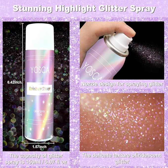 YOSCA Body Glitter Spray, 150ML Holographic Glitter Hairspray, Shiny Glitter Spray for Hair Body Clothes, Quick-Drying and Long-Lasting Shimmer Powder for Festival Music Concert Party Rave Accessories
