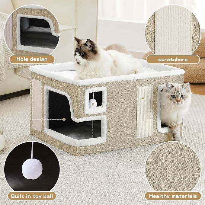 Large Cat Houses for Indoor Cats, Extra Wide Covered Cat Cave Bed with Scratch Pad and Fluffy Ball, Foldable Cat Hideaway Condo for Large Cats, Modern Kitten Bed,23x16x13 inches (Khaki‌, XL)
