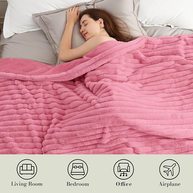 Faux Fur Throw Blanket for Couch, Cozy Fuzzy Fluffy Fur Luxurious Soft Striped Plush Gift Blankets for Family Sofa Chair Bedroom, 55"x70", Pink