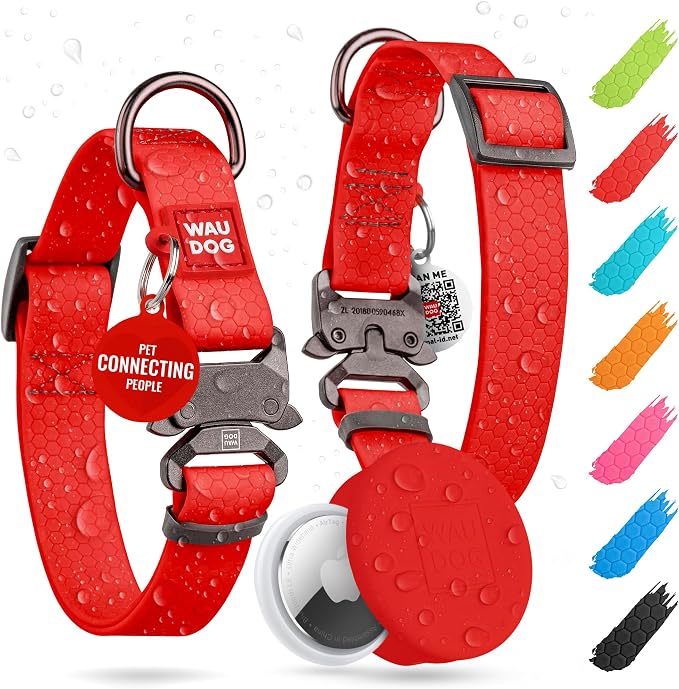 WAUDOG Waterproof Dog Collar Airtag Holder QR Tag Small Medium Large Dogs | Water and Dirt Resistant, Quick Dry QR Pet Tag Adjustable Durable Comfort for Male and Female Dogs Outdoor Walking Training