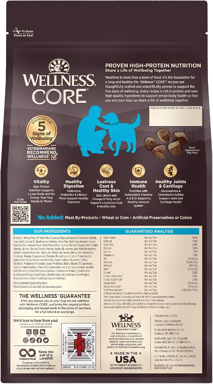 Wellness CORE Adult Dry Dog Food, Grain Free Kibble, Natural, High Protein, Chicken Free, Whitefish, Herring and Salmon Recipe, 4 lb Bag