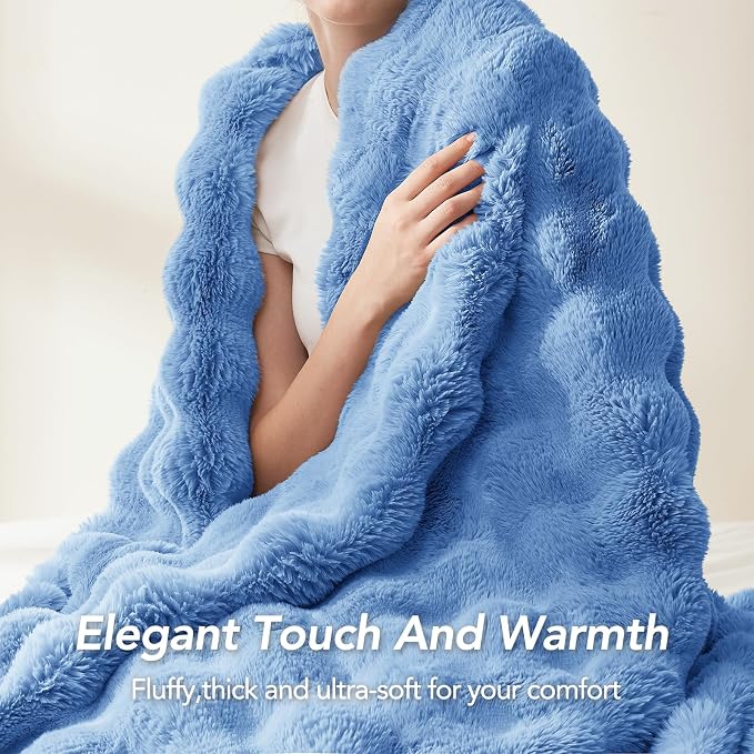 L'AGRATY Faux Rabbit Fur Throw Blanket for Couch, 50'' x 60'', Airy Blue | Soft Cozy Bubble Fluffy Blanket for Sofa Bed, Thick Warm Plush Fuzzy Throw for Room Home Decor, Luxury Gift for Women Mom