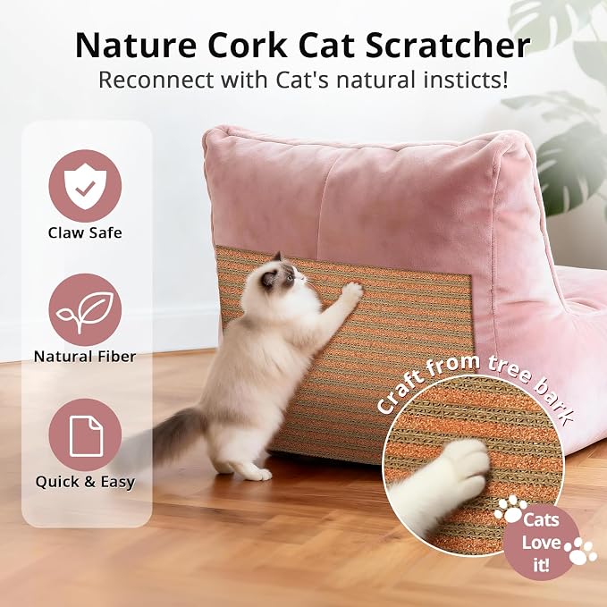 Natural Cork Cat Scratcher Mat, Self-Stick & Trimmable Furniture Protector for Couch, Door, Wall & Bed Corner, Claw-Friendly for Indoor Cats (Cherry Red, 39.4 x 11.8 Inch) (Cherry red, Self Stick)