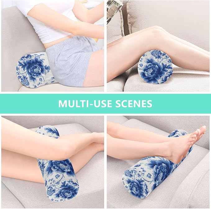 Blue and White Peony Flowers Butterfly Neck Roll Pillow Bolster Round Health Memory Foam Long Cervical Cylinder Pillows with Removable Washable Cover for Body Bed Legs Back Yoga