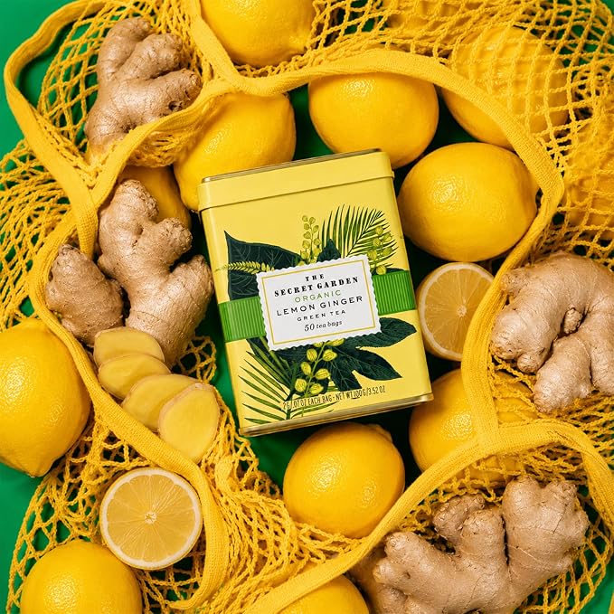 Life Plus Style Gourmet The Secret Garden Organic Lemon Ginger Green Tea 50 Tea Bags Zesty Citrus & Spicy Ginger Blend Refreshing Flavor Classic Tin