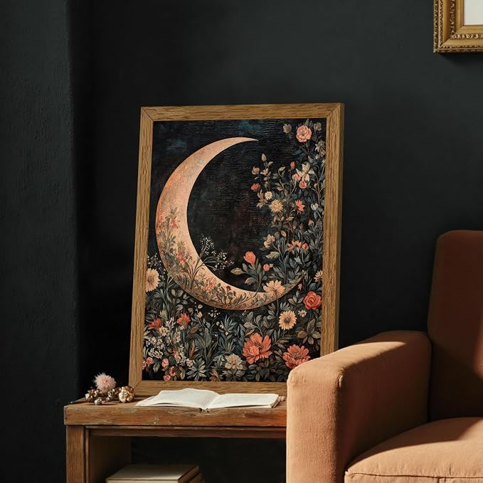 JLTULT Floral Moon Wall Art, Gothic Botanical Framed Canvas, 16 x 24 In | Dark floral moon art on fade-resistant canvas with a ready-to-hang wood frame for bedrooms, living rooms and bathrooms