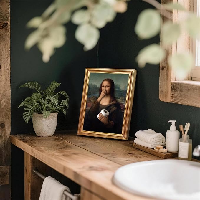 ICHZUMW Gold Framed Funny Mona Lisa Toilet Paper Canvas Wall Art, 8x10 In | Quirky Humorous Parody Painting Bathroom Wall Decor, Restroom Powder Room Guest Toilet, Fade Resistant, Ready to Hang