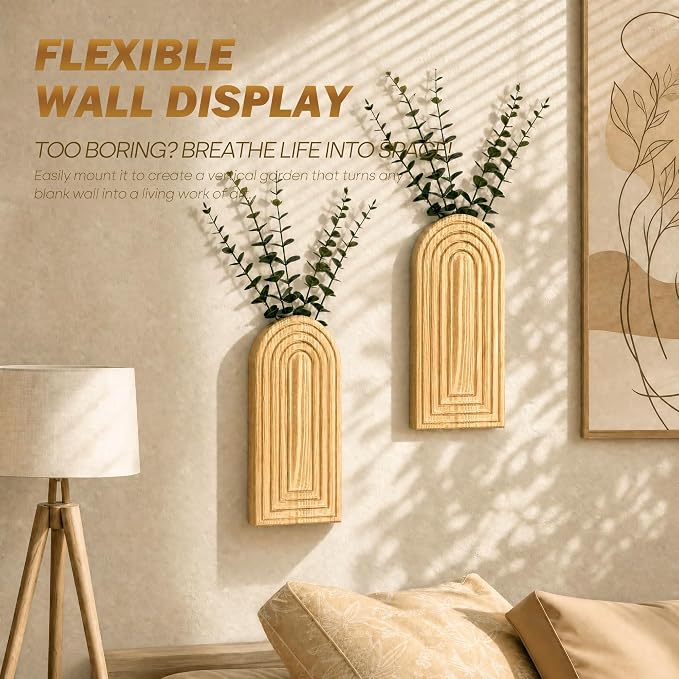 EOSAHR Wall Vase: Wall Planter for Indoor Plants & Fake Flowers, WarmYellow | 2Pcs, Pine Wood, Hanging Vase, Wall Art for Living Room, Boho Decor, Suitable for Eucalyptus Plant & Artificial Flower