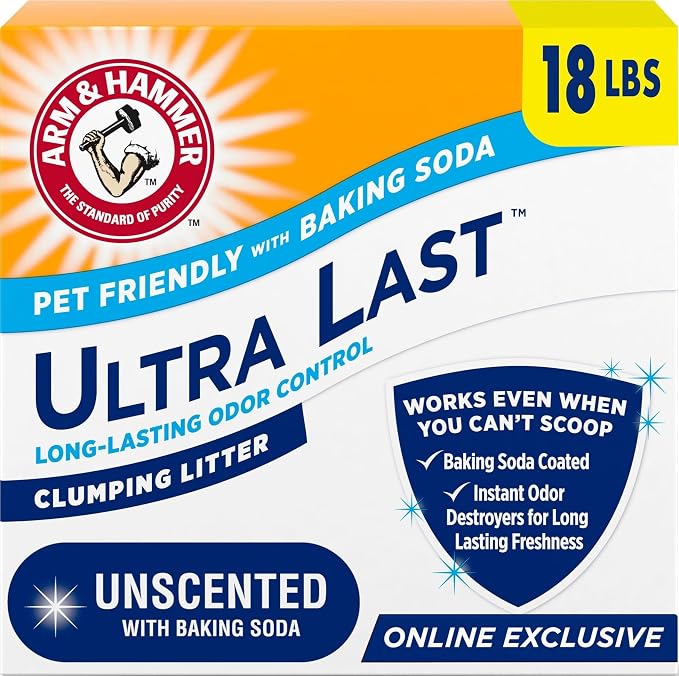ARM & Hammer Ultra Last Clumping Cat Litter, Unscented, MultiCat, 18 Lbs | Clumping Formula, 99% Dust Free, Pet Friendly, Baking Soda Odor Control