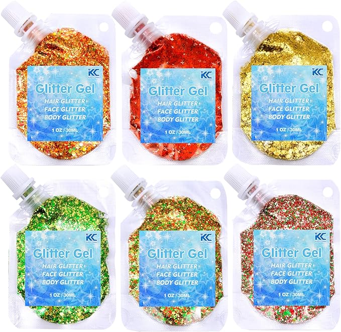 Chunky Glitter Gel Set 6 Colors Cosmetic Glitter for Body Face Hair Nail,Sequins Glitter for Women and Kids,Multi-Use Festival Party Sparkle Powder