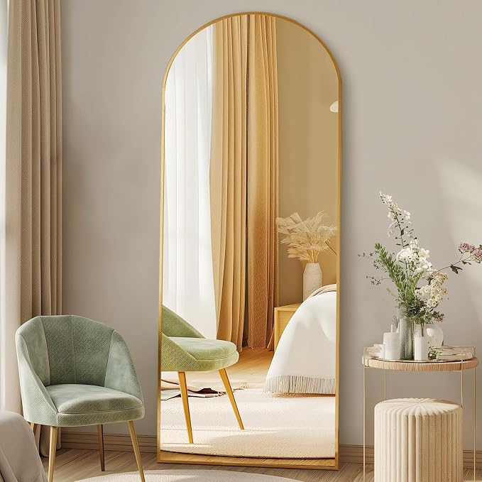 DUMOS 58"x19" Arched Full Length Mirror with Stand, Full Body Floor Mirror | Free Standing or Wall Mount, Nano Glass Aluminum Frame, Hanging or Leaning, Modern Simple Home Decor, Gold