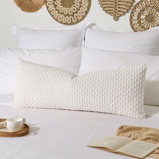 Kevin Textile Soft Corduroy 20"x54" Body Pillow Cover 1 Pack, Pure White | Boho Stripe Plush Corduroy Decorative Oblong Cushion Cover Modern Farmhouse Home Decor for Sofa Couch Bed Chair
