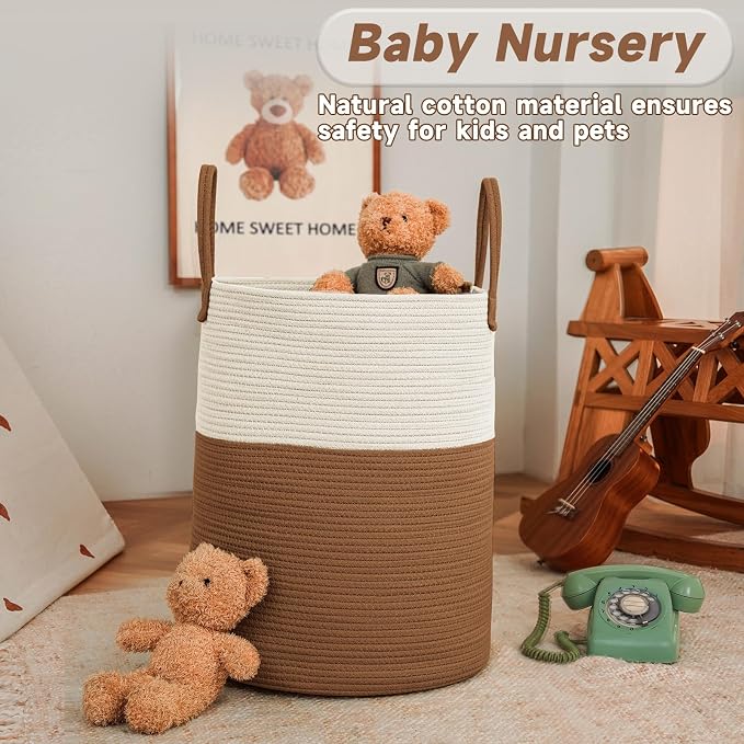 JMvicyroam 60L Cotton Rope Laundry Basket Hamper, White and Brown | Collapsible laundry basket, reinforced handles, freestanding, machine washable, holds 3-5 thick blankets, clothes or toys