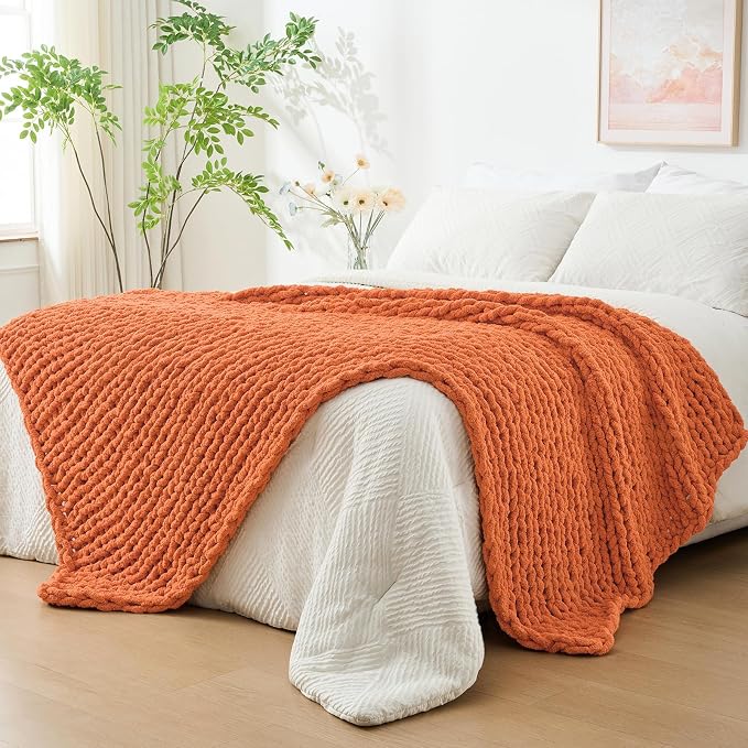 Bigacogo Chunky Knit Throw Blanket for Couch, 51x63 inches, Terracotta | Hand Knit with Jumbo Chenille, Soft Breathable Cable Knit for Sofa Bed Living Room, Machine Washable, Gift for Mom Friend