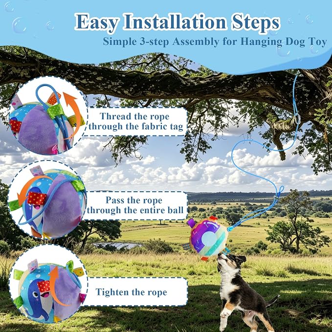 Colorful Squeaky Hanging Dog Toy with Suction Cup for Small Dogs | Bungee Tether, Crinkle Bell Ball, Bouncing Self-Play Toy, Door Frame Mounted, Interactive Fetch for Puppy Teething & Exercise