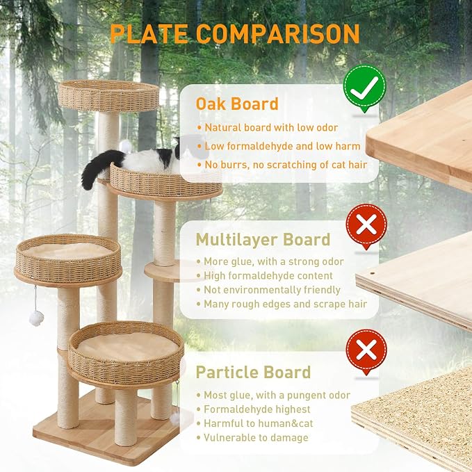 54in Solid Wood Cat Tree for Indoor Cats, Modern Tall Cat Tower | Multi-levels Cat Condo, with Scratching Post, with 4 Handwoven Rattan Cat Bed, for Large Cat, Easy to Clean