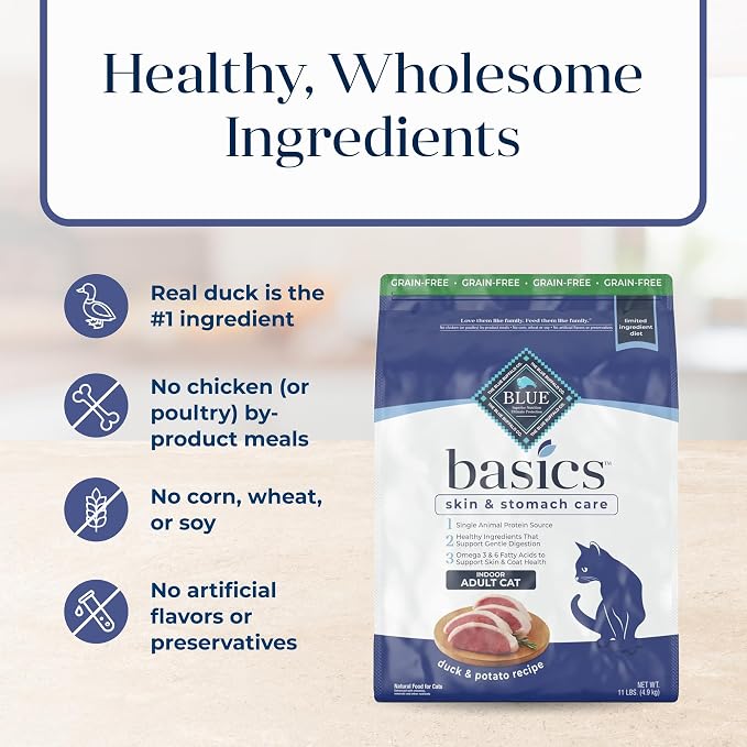 Blue Buffalo Basics Duck Grain-Free Skin & Stomach Care Dry Cat Food, 11 lb | Real Duck #1 Ingredient, Limited Ingredient Diet, Antioxidant-Rich LifeSource Bits, Skin & Coat Health