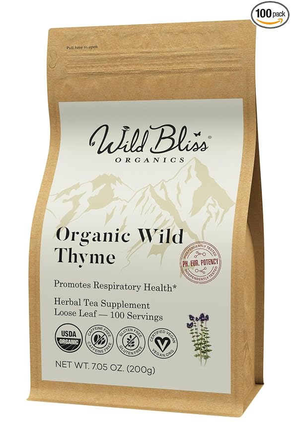 Wild Bliss Organic Wild Breckland Thyme Tea - Caffeine Free Loose Leaf Herbal Tea - Respiratory and Digestion Support - 7.05 Oz - 100 Servings