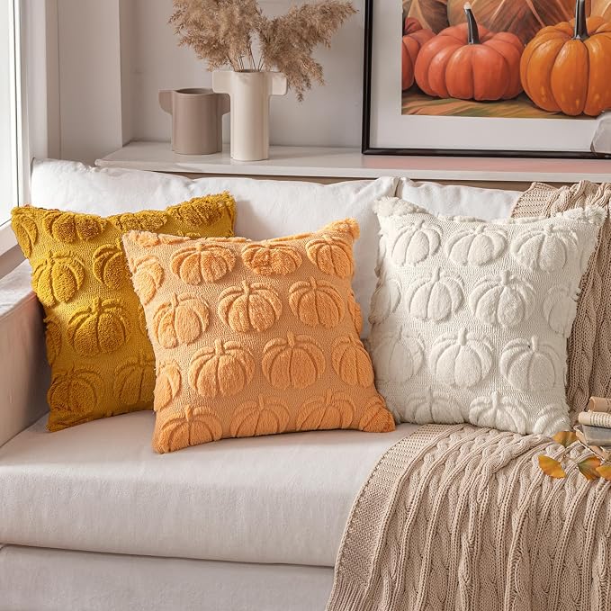 MIULEE Fall Pillow Covers Pumpkin Fall Decor 20x20 Beige | Set of 2 Fall Decorations for Home, Plush Faux Fur Farmhouse Accent Pillowcases, Porch Sofa Couch Cushion Bed Livingroom