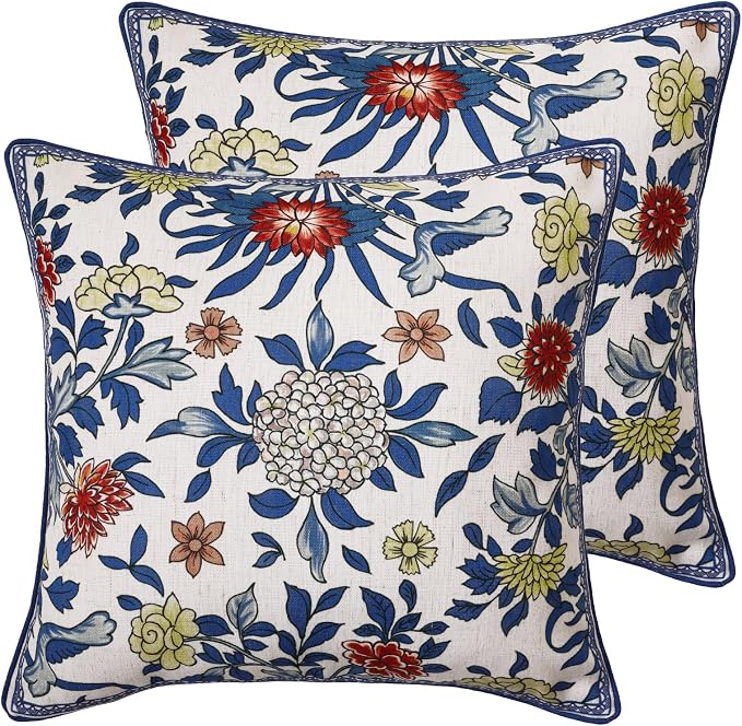 patdrea Designer Vintage Linen Throw Pillow Cover,18"x18",Set of 2-Ivar A | Decorative Pillow Cover,Blue and White Floral Pattern,Pillow Case for Couch Living Room Bedroom Sofa Outdoor