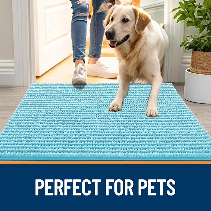 OLANLY Dog Door Mat for Muddy Paws 24x16, Extra Absorbent Chenille Mud Mat | Blue, Absorbs Moisture and Dirt, Non-Slip Machine Washable Doormat, Quick-Drying Indoor Entryway Floor Mat for Dogs