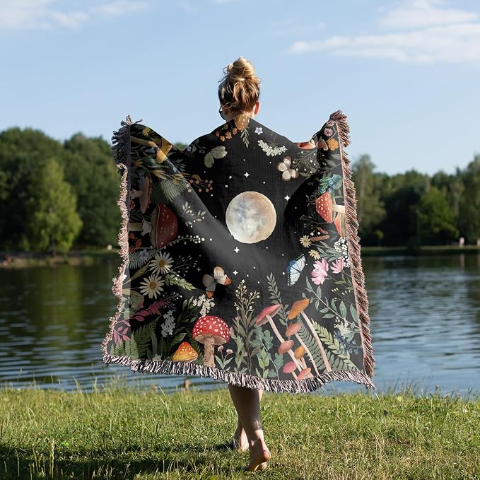 Moonlit Garden Woven Throw Blanket Cotton Boho Throw Blanket Moon Plant Blankets Boho Chic Decor Reversible Cute Witchy Throws Blankets with Tassels Bohemian Room Decor Luxury Couch Throws 51”x59”