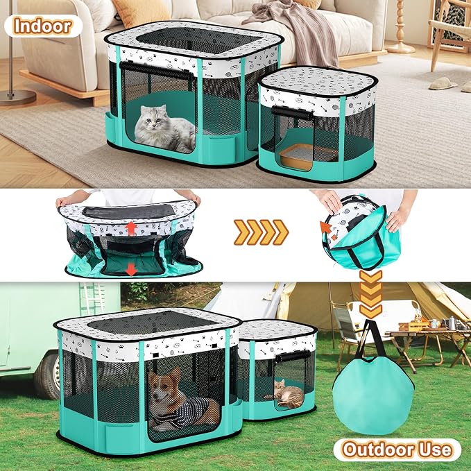 Portable Cat Playpen, 8-Rod Reinforced Kitten Dog Playpens, Foldable Play Pen for Indoor Cats Enclosed Pet Puppy Doggy Outdoor, Collapsible Tent Kennel Cage House(32"x24"x22")