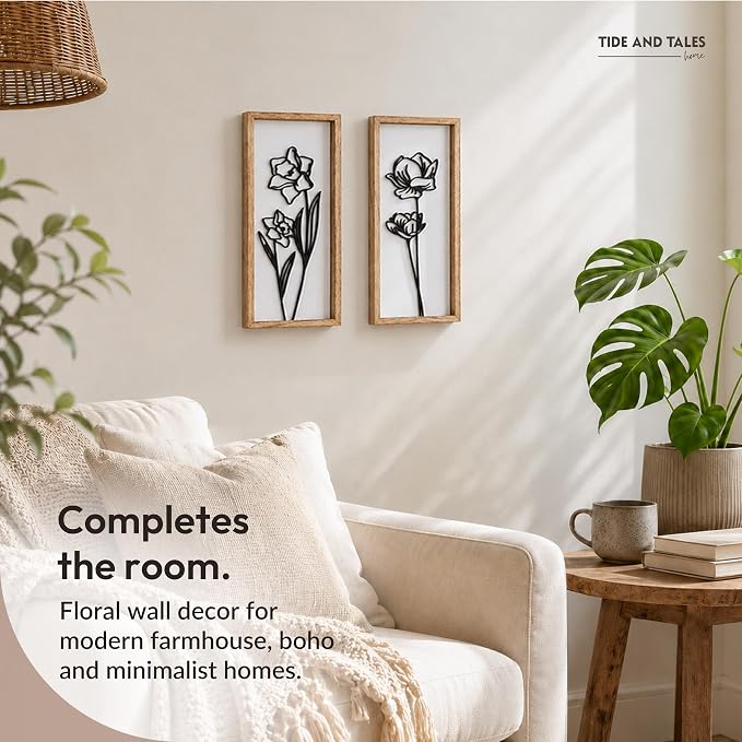 3D Black and White Wall Art (Set of 2) Lightweight, Wooden Ready-to-Hang Framed Floral Wall Art for Bathroom, Bedroom, Living Room or Office – Boho Botanical Farmhouse Decor – Gift-Boxed