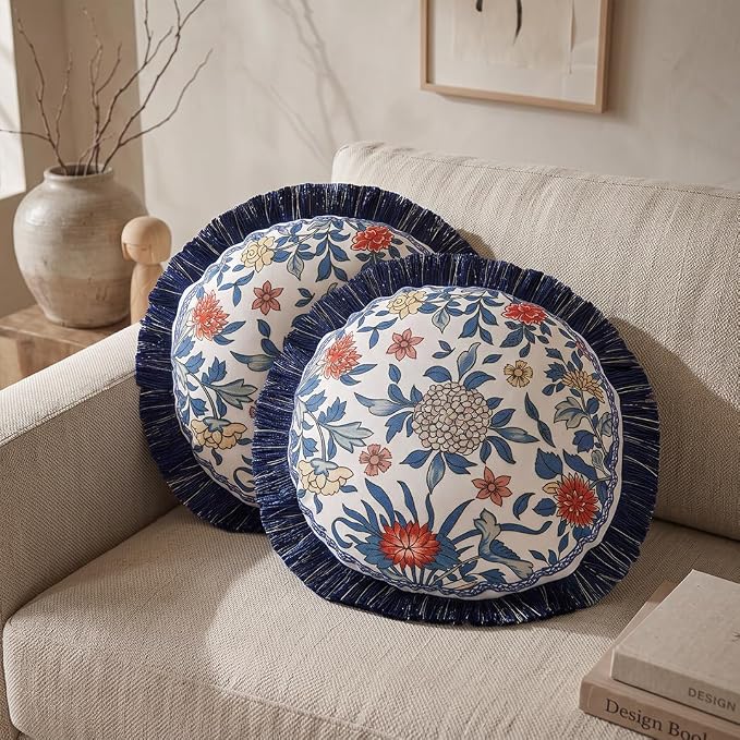 patdrea Designer Vintage Linen Throw Pillow Cover,Diameter 16"-Ivar A | Decorative Pillow Case,Chinoiserie Blue Floral Print Pillow Cover for Couch Living Room Bedroom Sofa,Fringe Trim