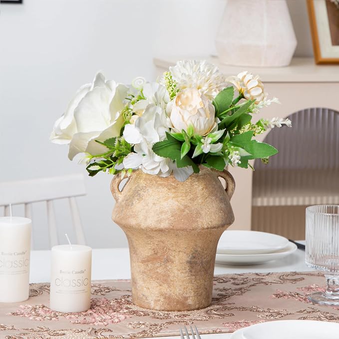Rustice Vase for Flowers, 7in Decorative Farmhouse Vases for Pampas Grass, Vintage vase for Centerpieces, Terracotta Wide Open Vases with Handle, Unique Ceramic Vase by Lyeec
