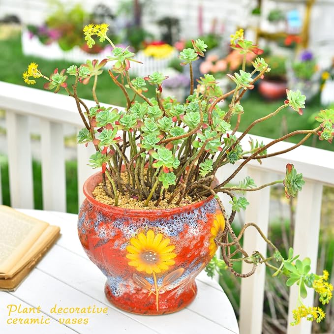 Sungmor 9 Inch Hand Painted Ceramic Succulent Plant Pots - Red & Daisy | Vintage Decorative Pottery Planters for Indoor Outdoor Plants, Table Centerpieces & Flower Arrangement Home Decor