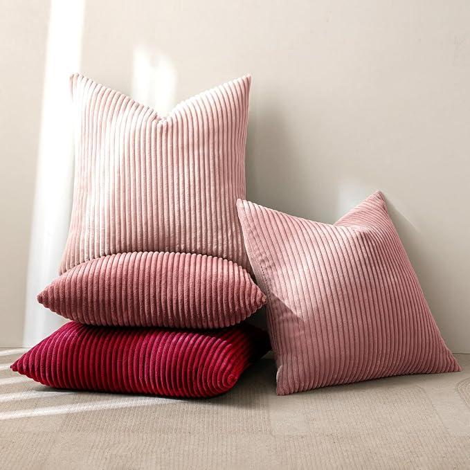 MIULEE Soft Corduroy Decorative Throw Pillow Covers Pink Series 18x18 | Set of 4, Shabby Chic Romantic Decor, Warm Red Pink Palette, Boho Farmhouse Cushion Covers for Couch Bed Sofa Living Room