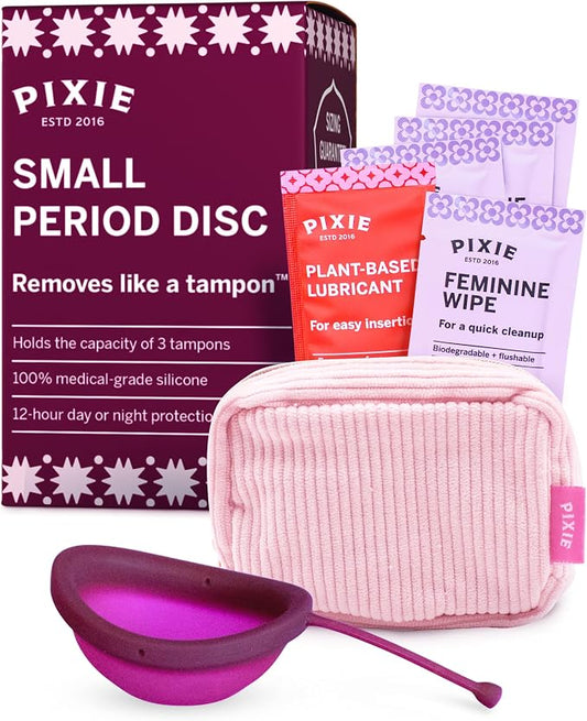 Pixie Menstrual Disc for Feminine Care - Ranked 1 for Best Tampon Alternative Period Disc - 100% Medical-Grade Silicone - Removes Like a Tampon - Wear 12 Hours - Capacity of 3 Tampons (Small)