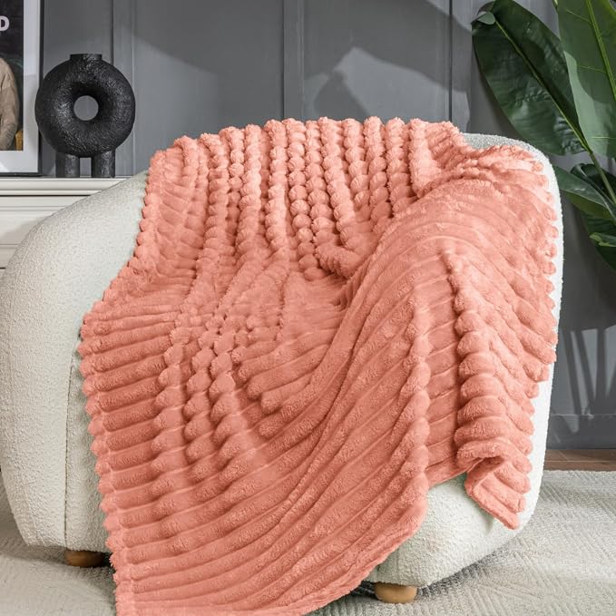 Wider Striped 380gsm Thick Large King Blanket for Couch Super Soft Cozy Blankets for Women Big Fuzzy Fleece Pink Blanket for Bed Sofa 90x104
