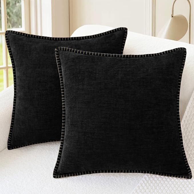 CaliTime Decorative Couch Throw Pillow Covers 22 X 22 Inches Black | Pack of 2, Cozy Chenille Cushion Cases, Cotton Thread Stitching Edges, for Sofa Bed Living Room Farmhouse